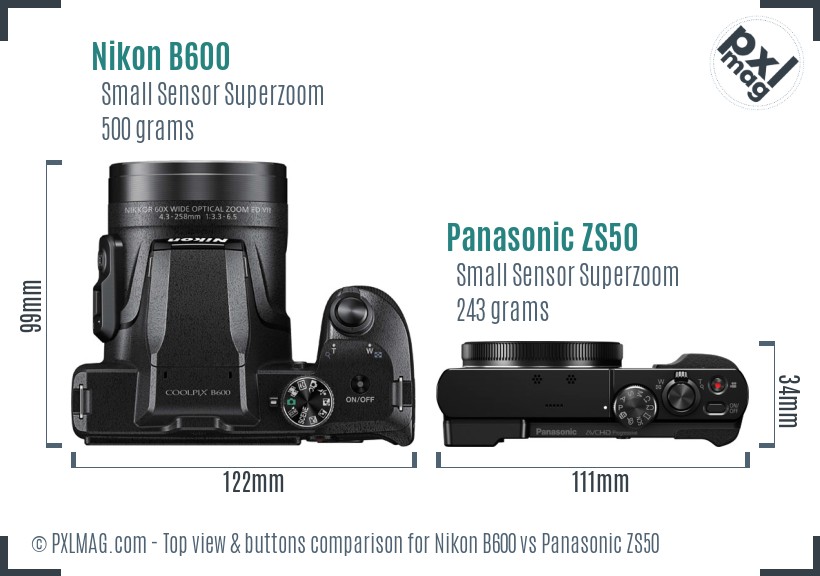 Nikon B600 vs Panasonic ZS50 top view buttons comparison