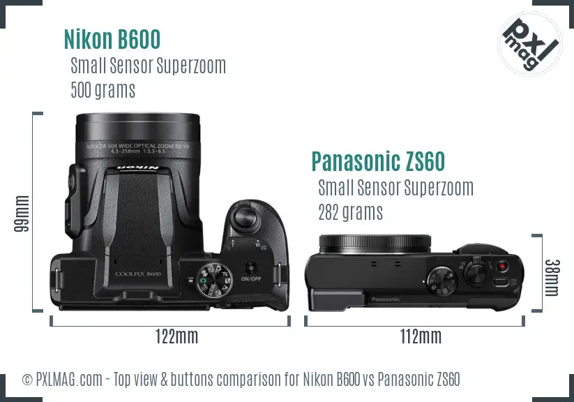 Nikon B600 vs Panasonic ZS60 top view buttons comparison