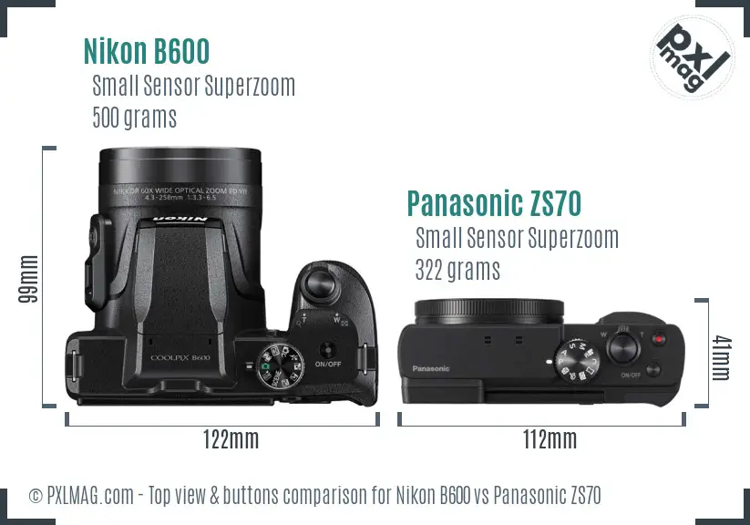 Nikon B600 vs Panasonic ZS70 top view buttons comparison