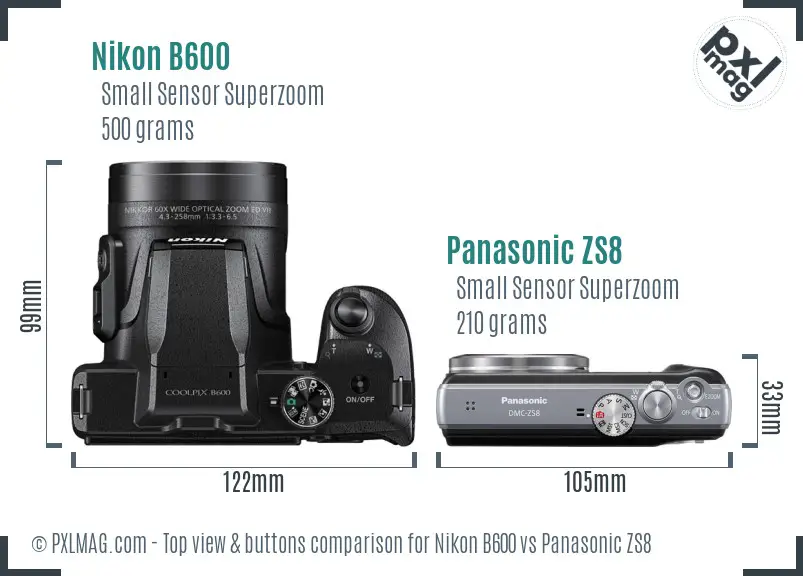 Nikon B600 vs Panasonic ZS8 top view buttons comparison