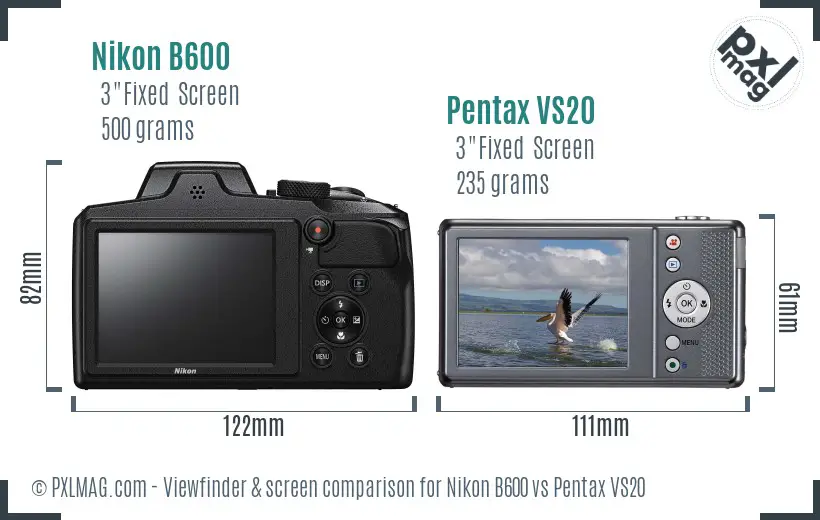 Nikon B600 vs Pentax VS20 Screen and Viewfinder comparison