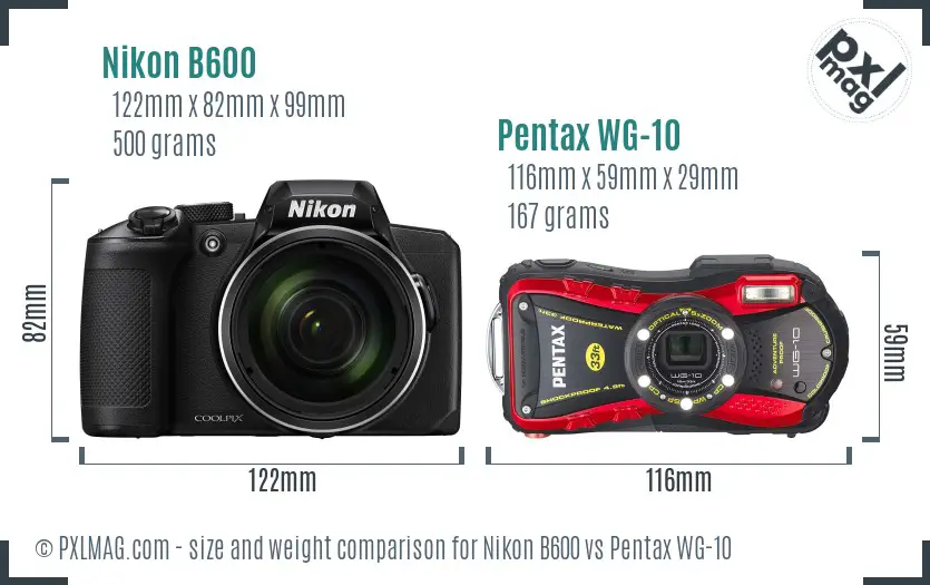 Nikon B600 vs Pentax WG-10 size comparison