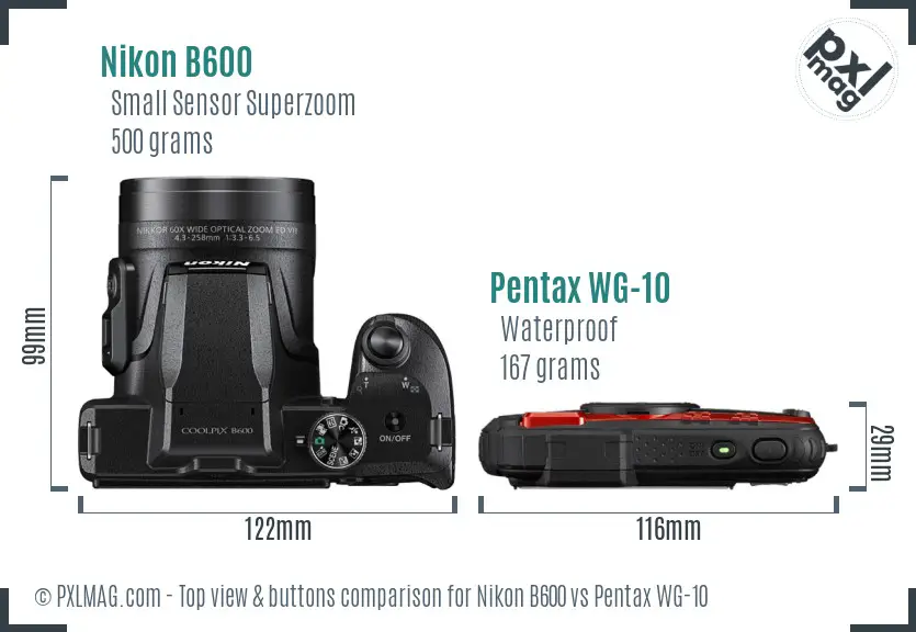 Nikon B600 vs Pentax WG-10 top view buttons comparison
