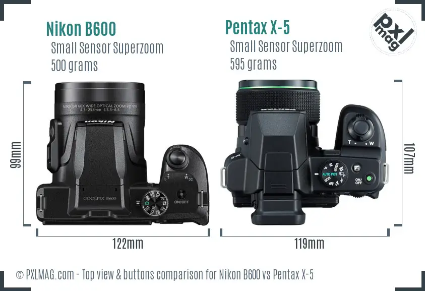Nikon B600 vs Pentax X-5 top view buttons comparison Nikon B600 vs Pentax X-5 top view buttons comparison