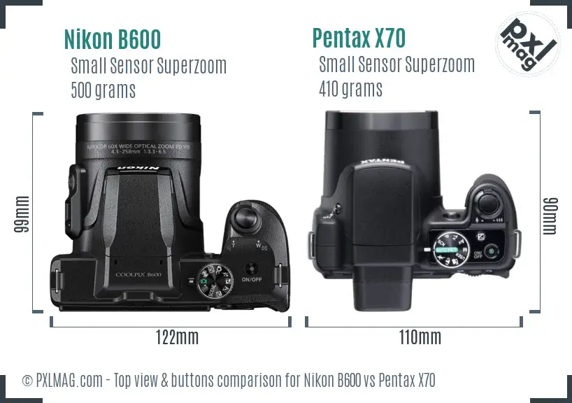 Nikon B600 vs Pentax X70 top view buttons comparison