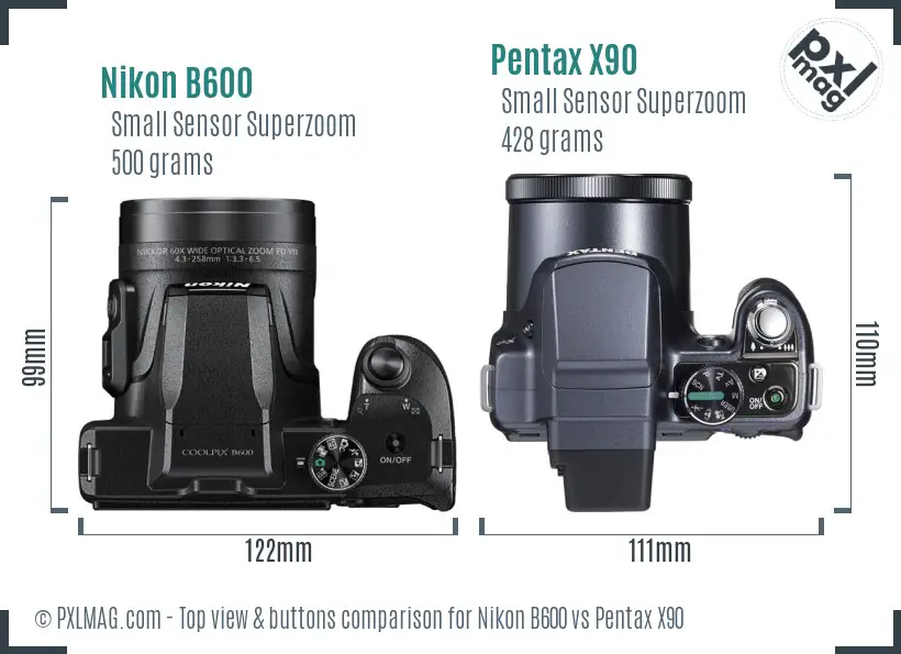 Nikon B600 vs Pentax X90 top view buttons comparison