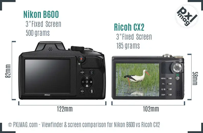 Nikon B600 vs Ricoh CX2 Screen and Viewfinder comparison