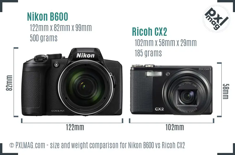 Nikon B600 vs Ricoh CX2 size comparison