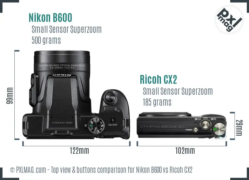 Nikon B600 vs Ricoh CX2 top view buttons comparison