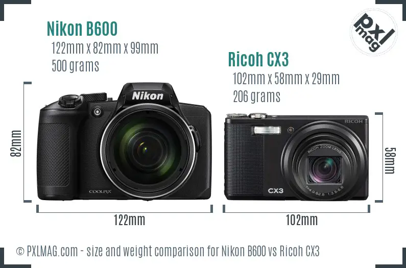 Nikon B600 vs Ricoh CX3 size comparison