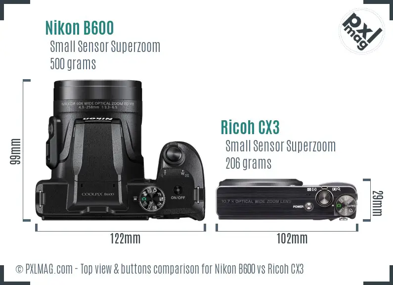 Nikon B600 vs Ricoh CX3 top view buttons comparison
