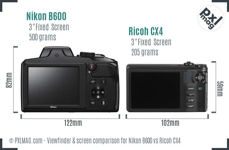 Nikon B600 vs Ricoh CX4 Screen and Viewfinder comparison