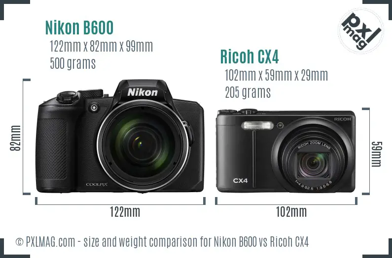 Nikon B600 vs Ricoh CX4 size comparison