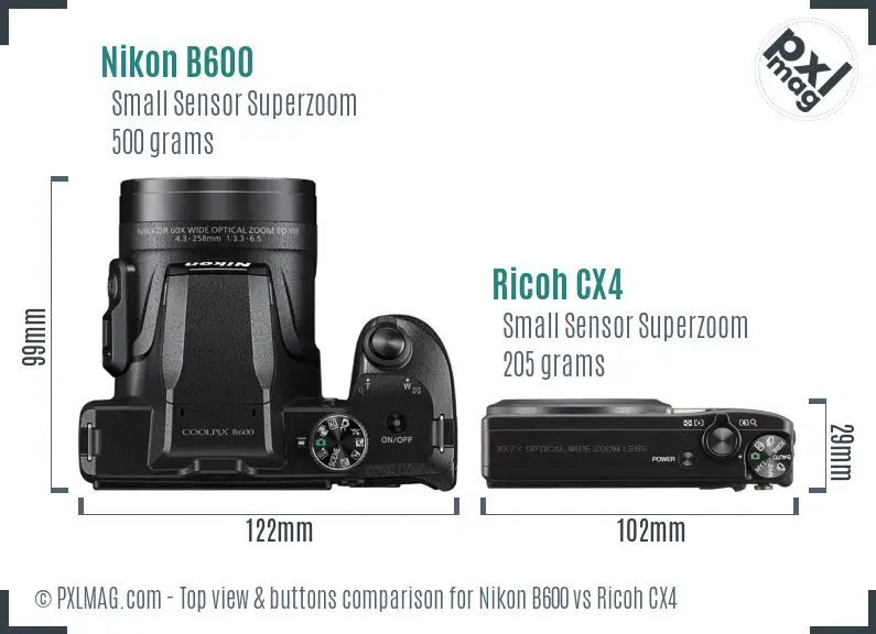 Nikon B600 vs Ricoh CX4 top view buttons comparison