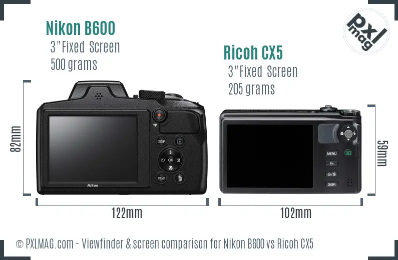 Nikon B600 vs Ricoh CX5 Screen and Viewfinder comparison