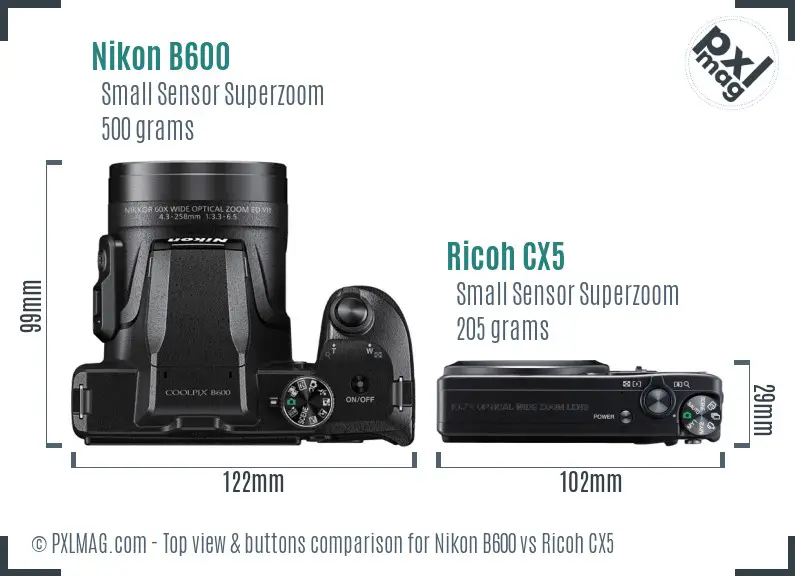 Nikon B600 vs Ricoh CX5 top view buttons comparison