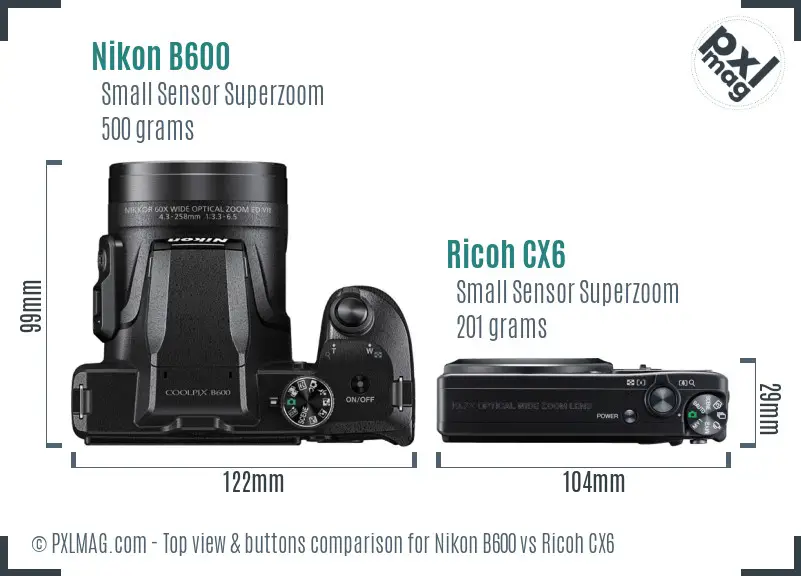 Nikon B600 vs Ricoh CX6 top view buttons comparison Nikon B600 vs Ricoh CX6 top view buttons comparison