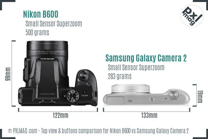 Nikon B600 vs Samsung Galaxy Camera 2 top view buttons comparison Nikon B600 vs Samsung Galaxy Camera 2 top view buttons comparison