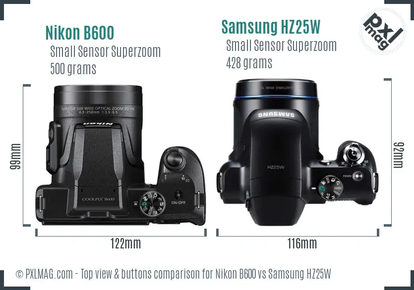 Nikon B600 vs Samsung HZ25W top view buttons comparison Nikon B600 vs Samsung HZ25W top view buttons comparison