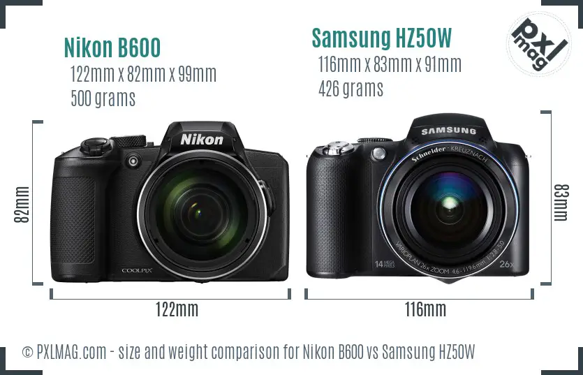 Nikon B600 vs Samsung HZ50W size comparison