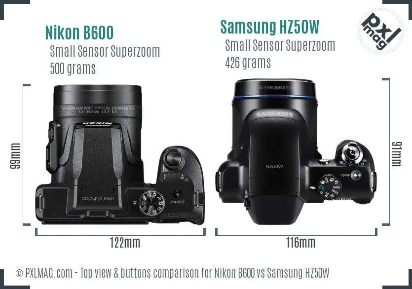 Nikon B600 vs Samsung HZ50W top view buttons comparison