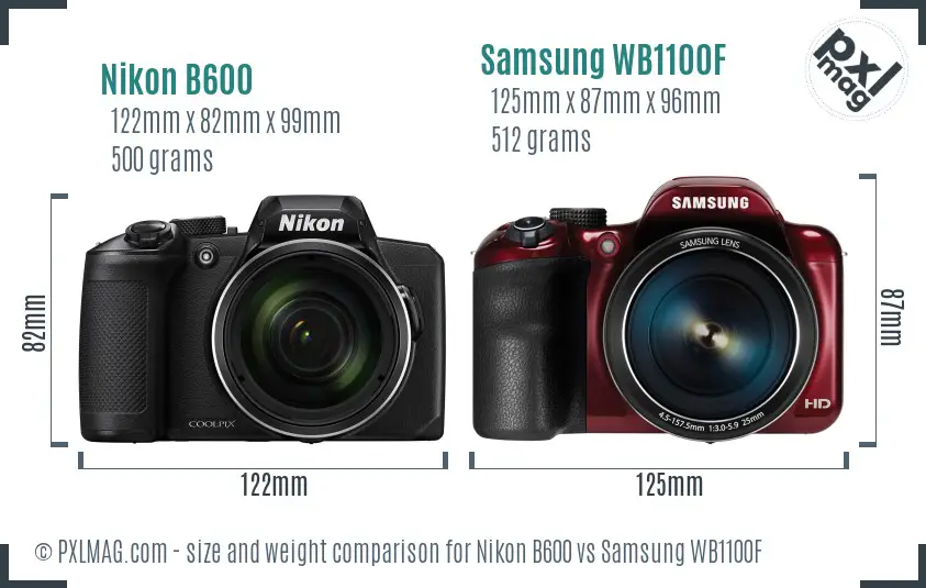Nikon B600 vs Samsung WB1100F size comparison