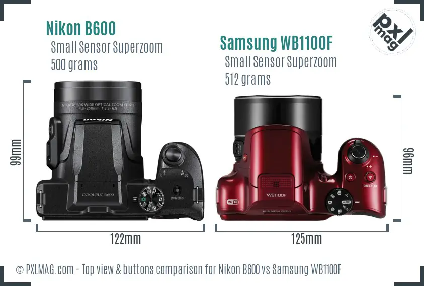 Nikon B600 vs Samsung WB1100F top view buttons comparison