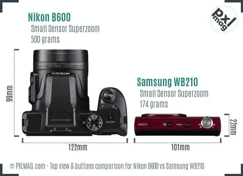 Nikon B600 vs Samsung WB210 top view buttons comparison