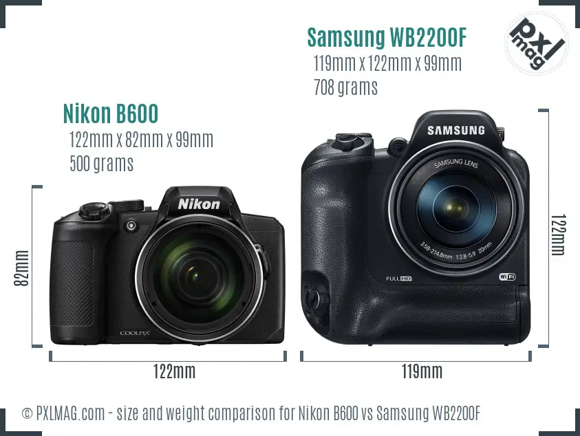 Nikon B600 vs Samsung WB2200F size comparison