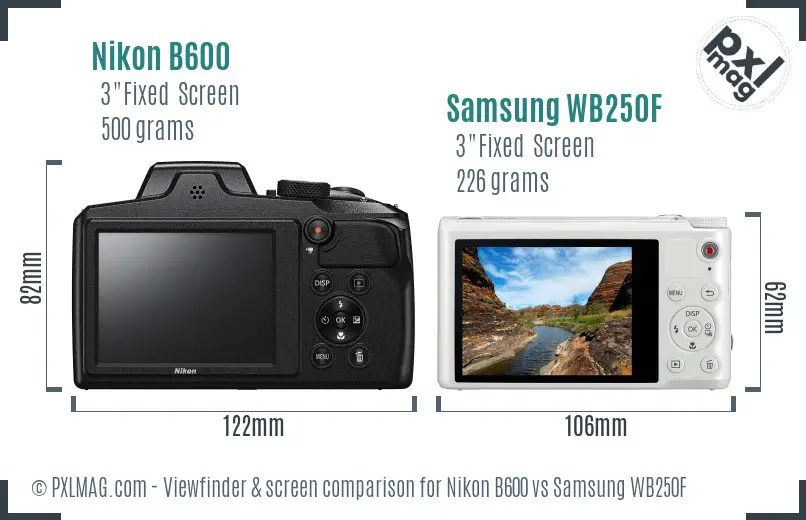 Nikon B600 vs Samsung WB250F Screen and Viewfinder comparison
