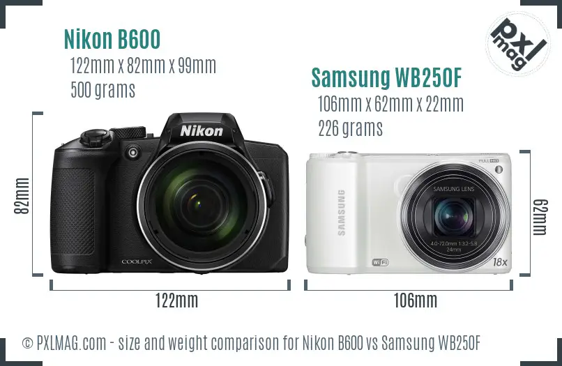 Nikon B600 vs Samsung WB250F size comparison