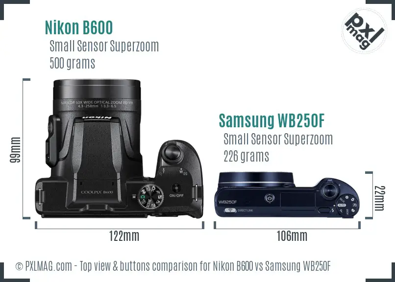 Nikon B600 vs Samsung WB250F top view buttons comparison