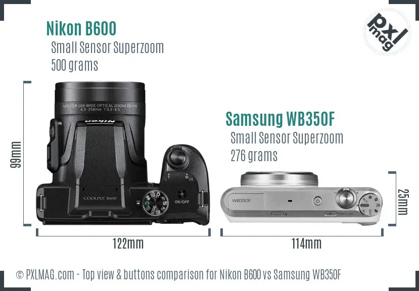 Nikon B600 vs Samsung WB350F top view buttons comparison