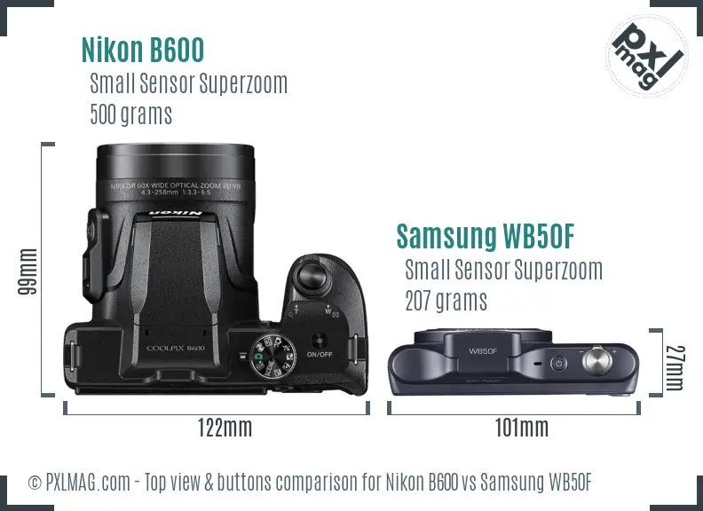 Nikon B600 vs Samsung WB50F top view buttons comparison