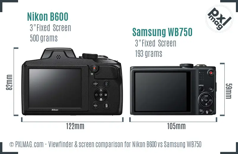 Nikon B600 vs Samsung WB750 Screen and Viewfinder comparison