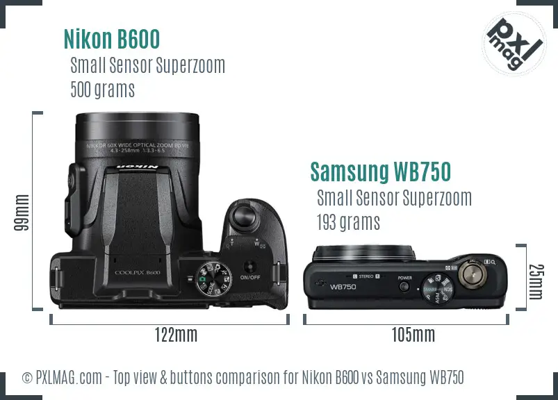 Nikon B600 vs Samsung WB750 top view buttons comparison