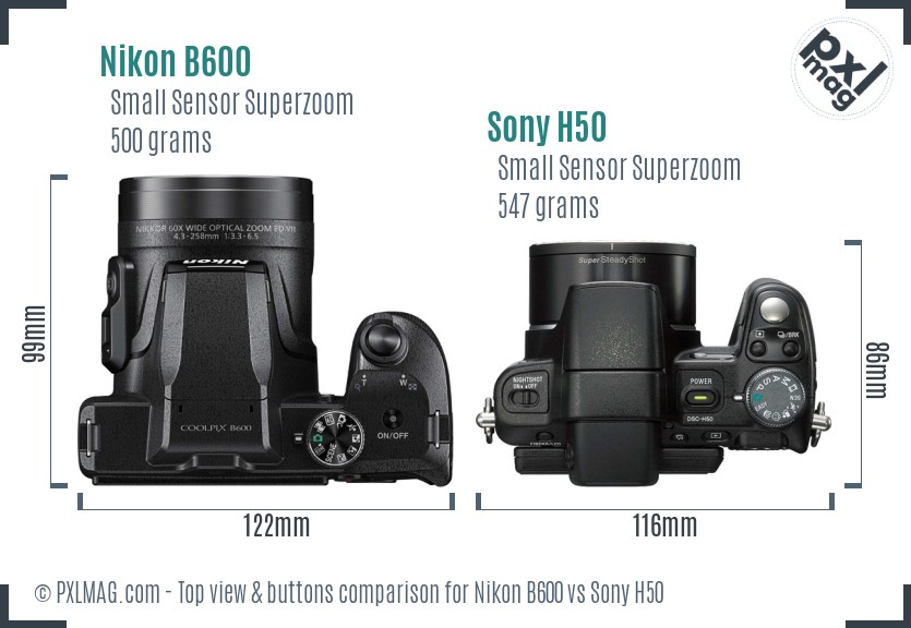 Nikon B600 vs Sony H50 top view buttons comparison