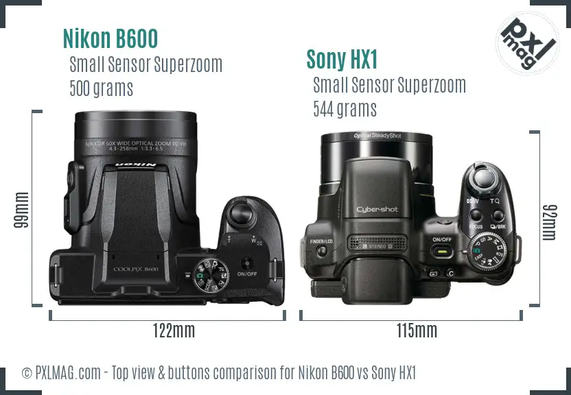 Nikon B600 vs Sony HX1 top view buttons comparison