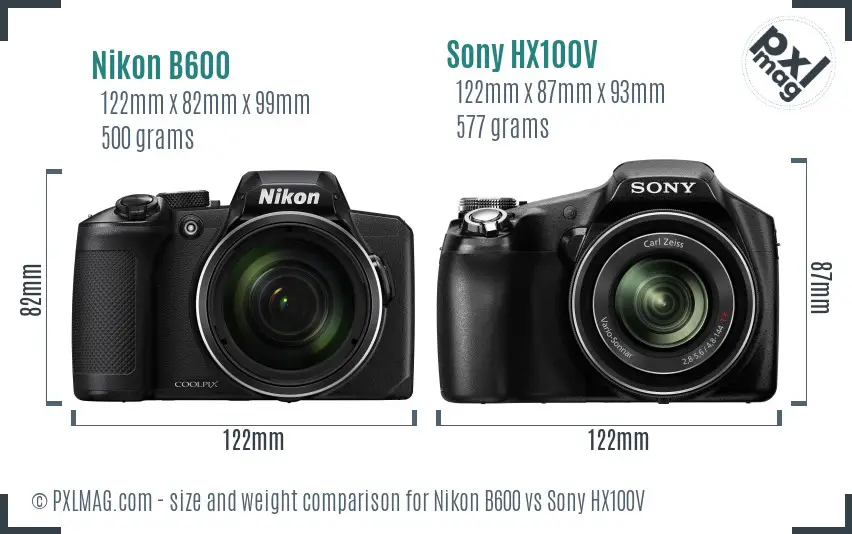 Nikon B600 vs Sony HX100V size comparison