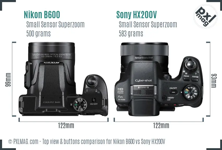 Nikon B600 vs Sony HX200V top view buttons comparison