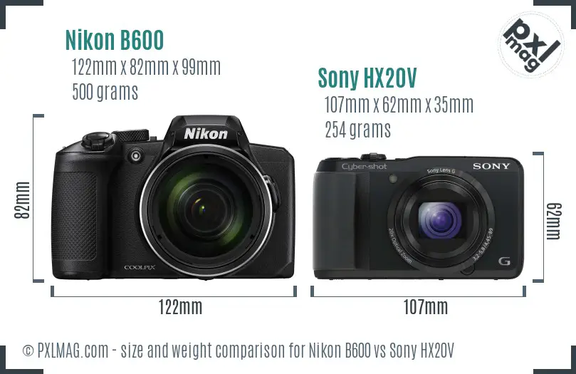 Nikon B600 vs Sony HX20V size comparison
