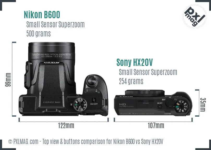 Nikon B600 vs Sony HX20V top view buttons comparison
