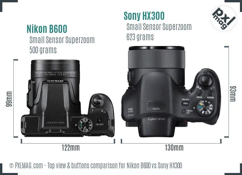 Nikon B600 vs Sony HX300 top view buttons comparison
