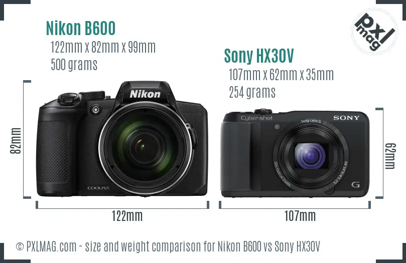 Nikon B600 vs Sony HX30V size comparison