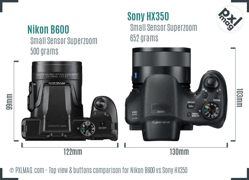 Nikon B600 vs Sony HX350 top view buttons comparison Nikon B600 vs Sony HX350 top view buttons comparison