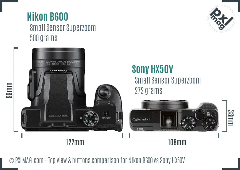 Nikon B600 vs Sony HX50V top view buttons comparison