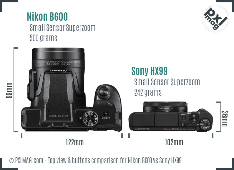 Nikon B600 vs Sony HX99 top view buttons comparison