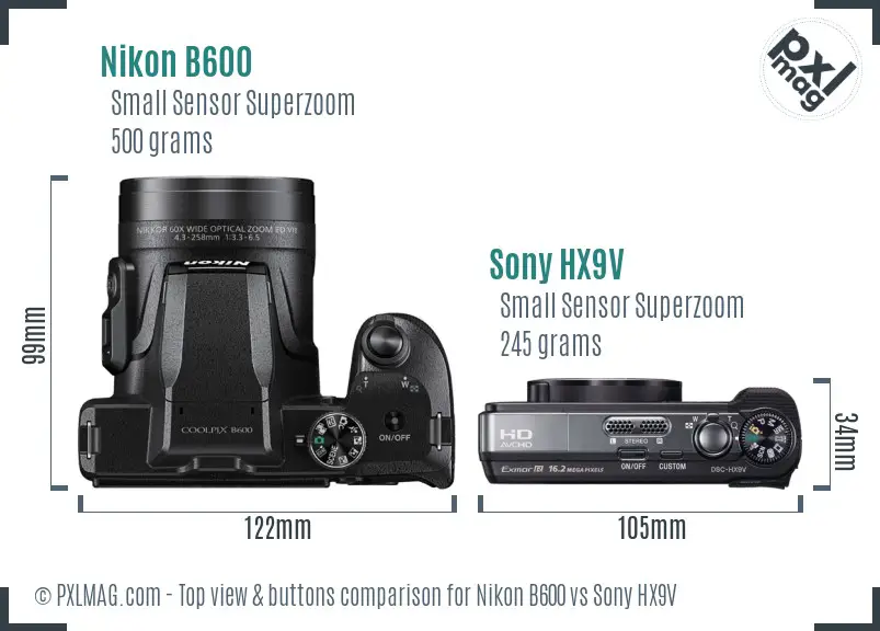 Nikon B600 vs Sony HX9V top view buttons comparison