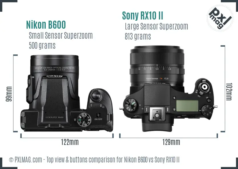 Nikon B600 vs Sony RX10 II top view buttons comparison