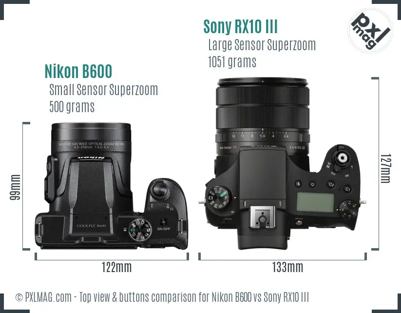 Nikon B600 vs Sony RX10 III top view buttons comparison Nikon B600 vs Sony RX10 III top view buttons comparison